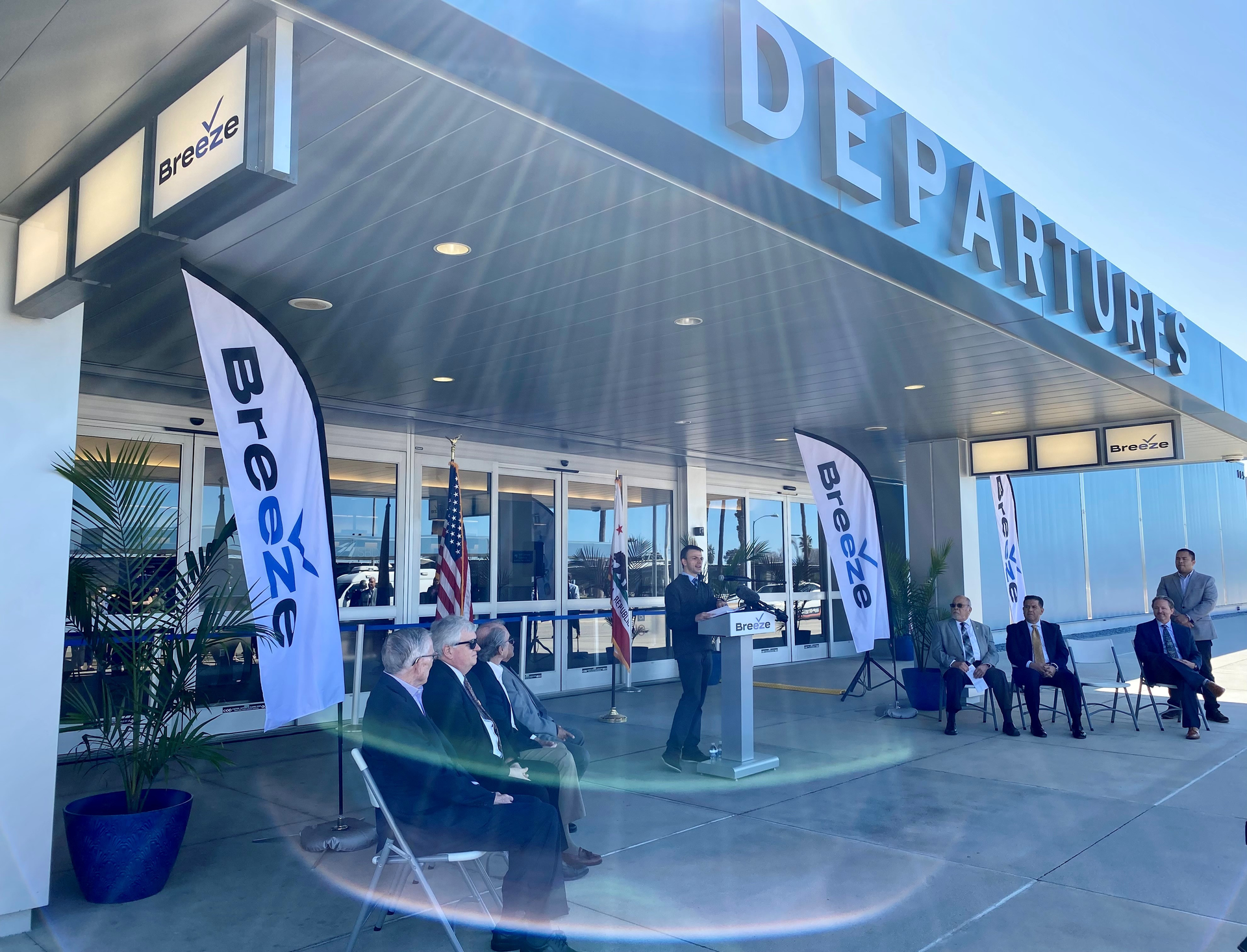 Pictured is Eric Fletcher, director of Legal and Corporate Affairs for Breeze Airways, speaking at a press conference at SBD International Airport. The airport marked a major milestone in its 80-year history as Fletcher announced daily nonstop service between SBD and San Francisco International Airport (SFO), beginning Aug. 4, 2022, and marking SBD&rsquo;s first-ever scheduled passenger flights.