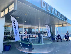 Pictured is Eric Fletcher, director of Legal and Corporate Affairs for Breeze Airways, speaking at a press conference at SBD International Airport. The airport marked a major milestone in its 80-year history as Fletcher announced daily nonstop service between SBD and San Francisco International Airport (SFO), beginning Aug. 4, 2022, and marking SBD’s first-ever scheduled passenger flights. Pictured is Eric Fletcher, director of Legal and Corporate Affairs for Breeze Airways, speaking at a press conference at SBD International Airport. The airport marked a major milestone in its 80-year history as Fletcher announced daily nonstop service between SBD and San Francisco International Airport (SFO), beginning Aug. 4, 2022, and marking SBD’s first-ever scheduled passenger flights.