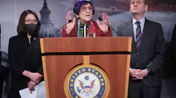 Rep. Rosa DeLaura (center), D- CT, speaks during a press conference at the U.S. Capitol Feb. 8, 2022, in Washington, D.C. Also pictured from left to right: Sen. Tammy Duckworth, D- IL, and Sen. Michael Bennett, D- CO.