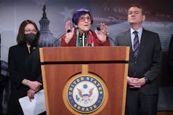 Rep. Rosa DeLaura (center), D- CT, speaks during a press conference at the U.S. Capitol Feb. 8, 2022, in Washington, D.C. Also pictured from left to right: Sen. Tammy Duckworth, D- IL, and Sen. Michael Bennett, D- CO.