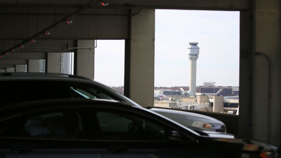 View of the air traffic control tower from the fourth floor of the Smart Parking Garage at Cleveland Hopkins International Airport. The garage will undergo substantial repairs in 2022.