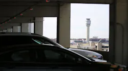 View of the air traffic control tower from the fourth floor of the Smart Parking Garage at Cleveland Hopkins International Airport. The garage will undergo substantial repairs in 2022.