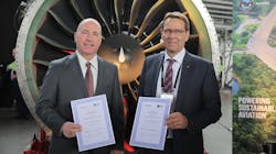 Pratt & Whitney Senior Vice President Joseph Sylvestro (left) with Jean-Marc Lenz, chief executive officer at SR Technics, celebrate the joining of SR Technics to the GTF MRO network in Zurich. Pratt & Whitney Senior Vice President Joseph Sylvestro (left) with Jean-Marc Lenz, chief executive officer at SR Technics, celebrate the joining of SR Technics to the GTF MRO network in Zurich.