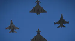 A Typhoon jet of the Royal Air Force (Up), a Typhoon jet of the Italian army (Bottom), an F-16 jet of the Romanian army (L) and a F-16 jet of the US Air Force fly in formation over the Mihail Kogalniceanu Air Base near Constanta, Romania, on April 8, 2022.