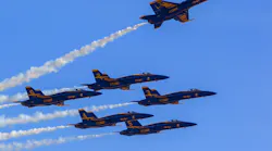 On Sunday Day-3 of the MCAS Miramar Air Show the Blue Angels fly over Miramar show center as they demonstrate one of the aerobatic his speed maneuvers.