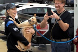 Erin Robbins, left, VP of Pet Programs for Greater Good Charities holds Max at St. Hubert's after the ride from the airport. St Hubert's volunteer Mark Lovretin, right, gets a photo. Erin Robbins, left, VP of Pet Programs for Greater Good Charities holds Max at St. Hubert's after the ride from the airport. St Hubert's volunteer Mark Lovretin, right, gets a photo.