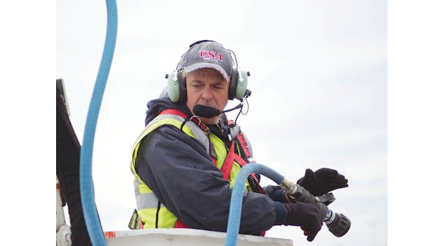 Bucket personnel wear wireless headsets to communicate hands-free with the driver in deicing vehicles.
