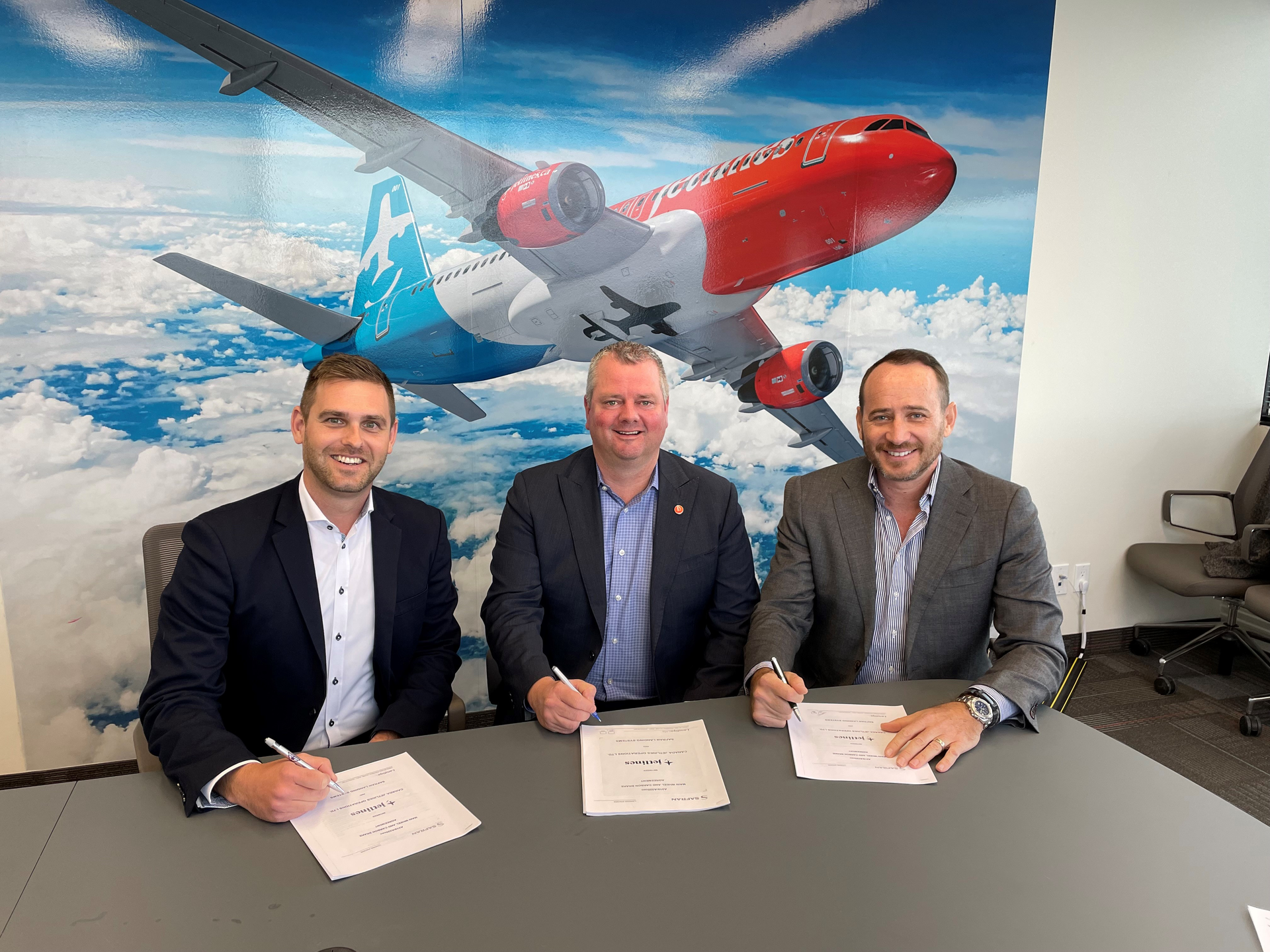 Joel Chlan, CEO Hope Aero (left); Brad Warren, VP maintenance operations, Canada Jetlines; and Luc Philippe, sales director, Safran Landing Systems.