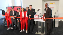 BWI Thurgood Marshall Airport Executive Director Ricky Smith (right) joined PLAY CEO Birgir Jónsson (second from right) and the airline flight crew to celebrate the first PLAY flight between BWI Marshall Airport and Reykjavik, Iceland.