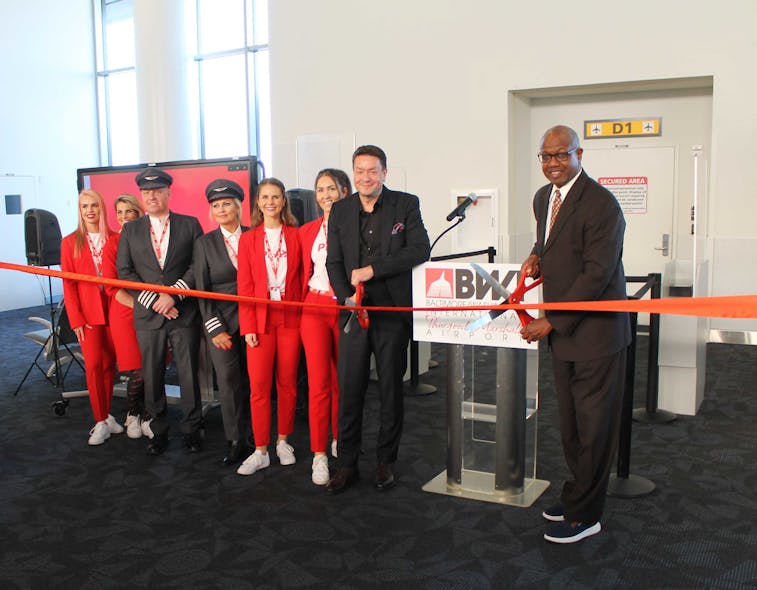 BWI Thurgood Marshall Airport Executive Director Ricky Smith (right) joined PLAY CEO Birgir J&oacute;nsson (second from right) and the airline flight crew to celebrate the first PLAY flight between BWI Marshall Airport and Reykjavik, Iceland.