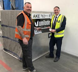 Ross Marino, CEO (right) and Paul Beunder, chief inspector (left), digitizing a Unilode container with a Bluetooth tag at Unilode's repair station in Amsterdam. Ross Marino, CEO (right) and Paul Beunder, chief inspector (left), digitizing a Unilode container with a Bluetooth tag at Unilode's repair station in Amsterdam.