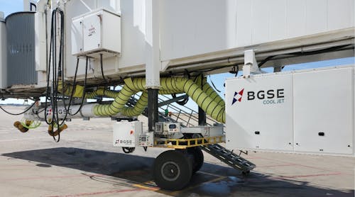B GSE organizes its PCA units and the hose management systems, both single and dual arrangements, to provide additional space under the passenger boarding bridge.