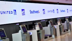 DENVER, CO - OCTOBER 27: The newly renovated self-check-in kiosks on the 6th floor that is part of the completion of Phase 1 of terminal improvements on the $770 million Great Hall renovation project at Denver International Airport on October 27, 2021 in Denver, Colorado. The project will continue for at least two years and possibly much longer depending on whether all of the security screening changes win City Council approval in coming months. The first phase of the project renovated the center portion of Jeppesen Terminal on levels 5 and 6 to create new check-in space for United and Southwest and eventually Frontier Airlines. The renovations created a more modern check-in experience and added capacity in the terminal as well as improving operational efficiency. The completion of Phase 1 also includes an additional 31,000 square feet of space for the Jeppesen Terminal as well as 158,500 square feet of newly renovated space; new ticketing areas in the center of Level 6 with more efficient and state-of-the-art processes for checking in passengers and their luggage; upgraded ticketing areas that include ticketing kiosks for check in; 86 automated self-bag-drop units to streamline the check-in process and four new restrooms as well as upgrades to existing restrooms. DENVER, CO - OCTOBER 27: The newly renovated self-check-in kiosks on the 6th floor that is part of the completion of Phase 1 of terminal improvements on the $770 million Great Hall renovation project at Denver International Airport on October 27, 2021 in Denver, Colorado. The project will continue for at least two years and possibly much longer depending on whether all of the security screening changes win City Council approval in coming months. The first phase of the project renovated the center portion of Jeppesen Terminal on levels 5 and 6 to create new check-in space for United and Southwest and eventually Frontier Airlines. The renovations created a more modern check-in experience and added capacity in the terminal as well as improving operational efficiency. The completion of Phase 1 also includes an additional 31,000 square feet of space for the Jeppesen Terminal as well as 158,500 square feet of newly renovated space; new ticketing areas in the center of Level 6 with more efficient and state-of-the-art processes for checking in passengers and their luggage; upgraded ticketing areas that include ticketing kiosks for check in; 86 automated self-bag-drop units to streamline the check-in process and four new restrooms as well as upgrades to existing restrooms.