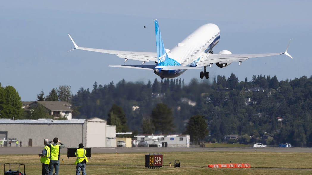 The final version of the 737 Max, the Max 10, takes off from Renton Airport in Renton, WA on its first flight Friday, June 18, 2021.
