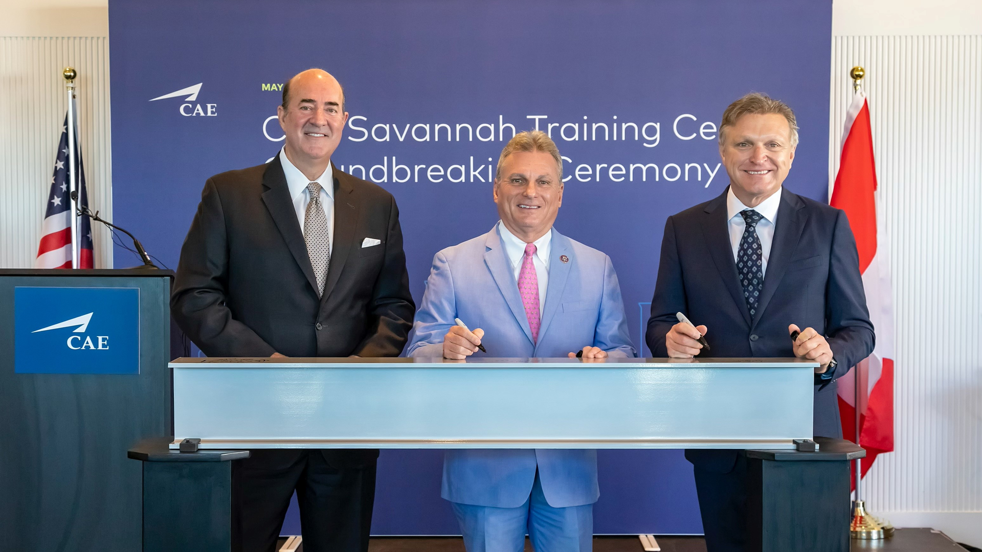 Gulfstream Aerospace President Mark Burns (left), Congressman Buddy Carter, and CAE President and CEO Marc Parent at the ceremonial ground breaking of the CAE Savannah Training Centre.