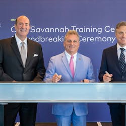 Gulfstream Aerospace President Mark Burns (left), Congressman Buddy Carter, and CAE President and CEO Marc Parent at the ceremonial ground breaking of the CAE Savannah Training Centre.