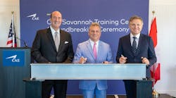 Gulfstream Aerospace President Mark Burns (left), Congressman Buddy Carter, and CAE President and CEO Marc Parent at the ceremonial ground breaking of the CAE Savannah Training Centre.