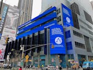 The Morgan Stanley Times Square ticker congratulates AUS on its Airport System Revenue Bond sale on April 25.