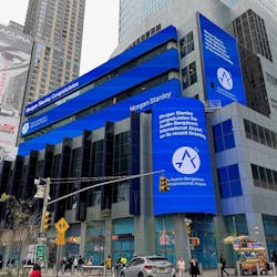 The Morgan Stanley Times Square ticker congratulates AUS on its Airport System Revenue Bond sale on April 25.