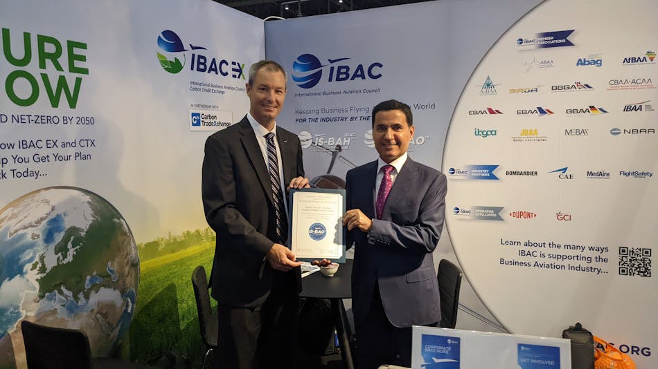 Dr. Fahad Aljarboa, the CEO of Saudia Private Aviation, while receiving the certificate during the EBACE22.
