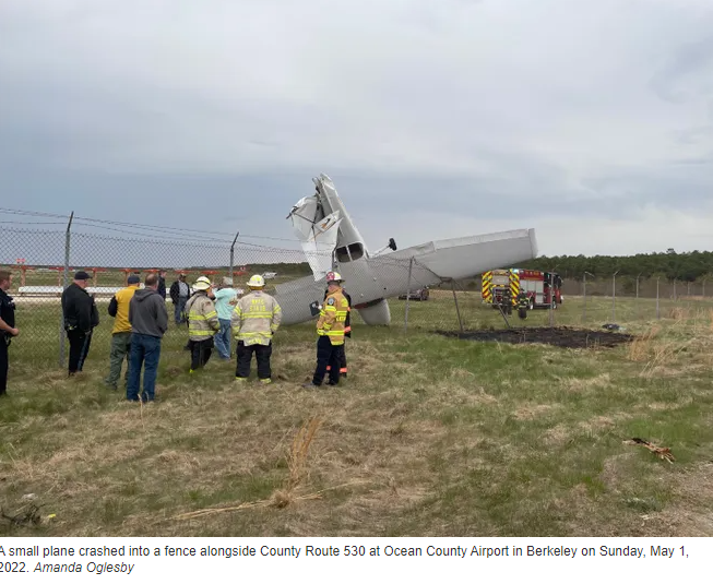 A small plane crashed into a fence alongside County Route 530 at Ocean County Airport in Berkeley on Sunday, May 1.