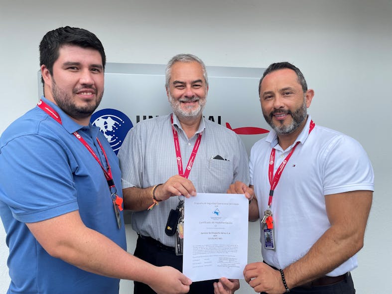 Universal Aviation Costa Rica becomes first service provider in Central America with CAA-approved SMS. From left to right: N&eacute;stor Villaverde, local safety and training coordinator, Universal Aviation Costa Rica; Helmuth &Aacute;lvarez, regional safety manager, Latin America &amp; Caribbean, Universal Weather and Aviation Inc.; and Jonathan Herrera, operations manager, Universal Aviation Costa Rica.