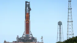 After completing its second rollout overnight Sunday, Artemis 1 the NASA moonshot rocket system stands at launch pad 39-B at Kennedy Space Center, Fla., Monday, June 6, 2022. The 322-foot-tall rocket stack includes the Orion spacecraft and traveled the 4.4-mile journey from the Vehicle Assembly Building to the pad for a planned wet dress rehearsal June 19.
