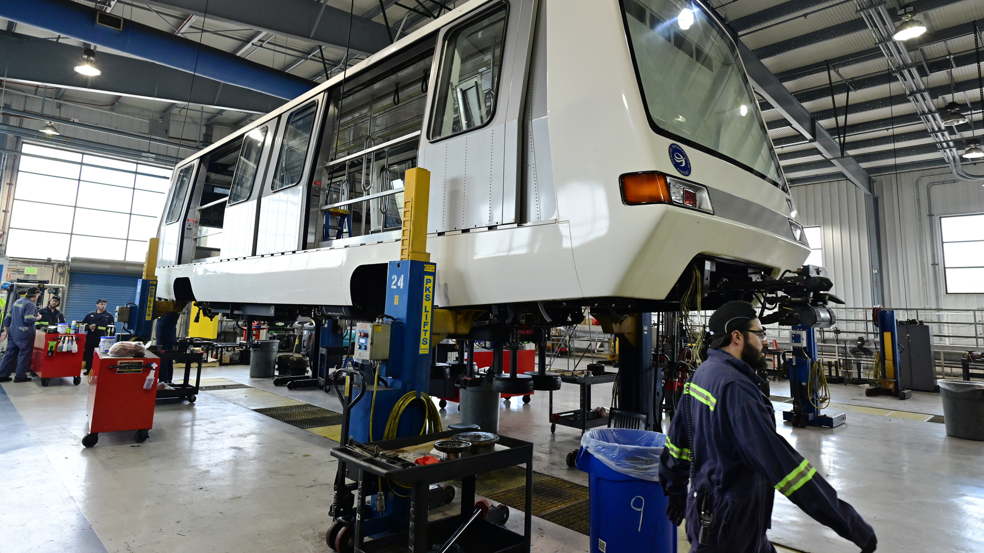DENVER, CO - MAY 27 : Alstom mechanics maintain train cars at the facility of Denver International Airport in Denver, Colorado on Friday, May 27, 2022.