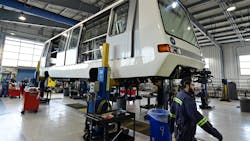 DENVER, CO - MAY 27 : Alstom mechanics maintain train cars at the facility of Denver International Airport in Denver, Colorado on Friday, May 27, 2022. DENVER, CO - MAY 27 : Alstom mechanics maintain train cars at the facility of Denver International Airport in Denver, Colorado on Friday, May 27, 2022.