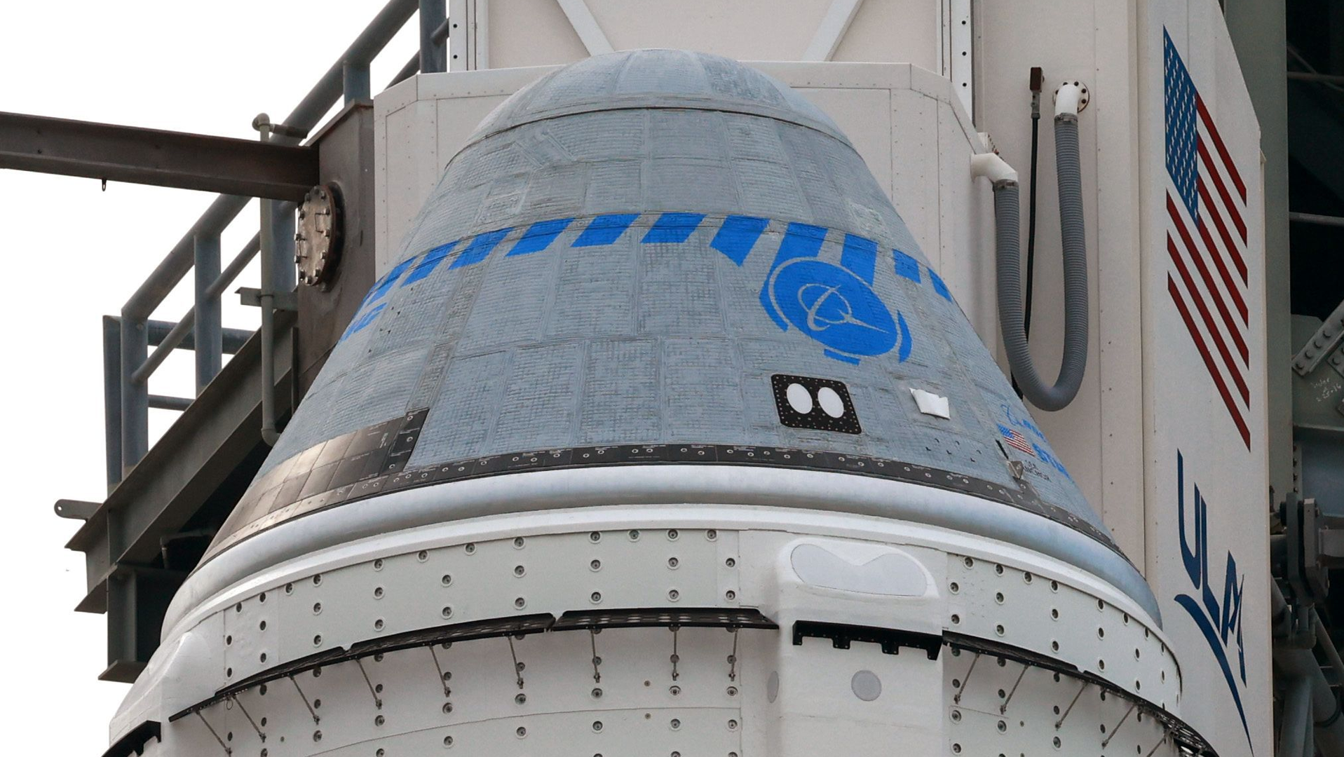 The Boeing CST-100 Starliner capsule topping a United Launch Alliance Atlas V rocket in position for launch at complex 41 at Cape Canaveral Space Force Station, Wednesday, May 17, 2022. The unmanned mission is scheduled to lift off on a test flight to the International Space Station at 6:54 p.m on Thursday.