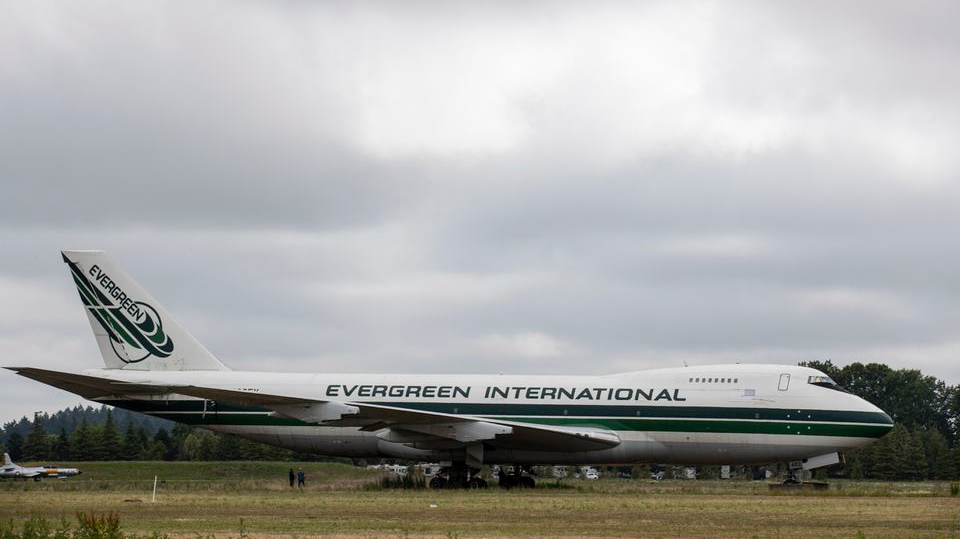 An engineless Boeing 747 is parked outside the Evergreen Aviation & Space Museum in McMinnville.