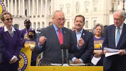 Senate Majority Leader Chuck Schumer (center) said he&rsquo;s proud to support the Good Jobs for Good Airports Act. Pictured at left is SEIU President Mary Kay Henry. Next to Schumer, on his left, are Congressman Jes&uacute;s G. &ldquo;Chuy&rdquo; Garcia, D-Illinois, and U.S. Sen. Edward Markey, D-Massachusetts. The two introduced Good Jobs for Airports Act at a June 16 press conference.