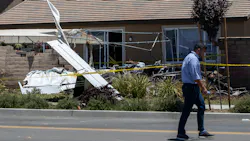 A small plane crashed through a brick wall in the backyard of a home, seriously injuring the pilot, off Warner Road on Tuesday, June 7, 2022, in Hemet, California. The crash occurred just over a mile from south of Hemet-Ryan Airport.