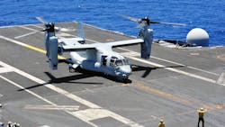 Aviation boatswain's mates chock and chain an MV-22B Osprey in an August 2014 file image. Aviation boatswain's mates chock and chain an MV-22B Osprey in an August 2014 file image.