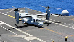 Aviation boatswain's mates chock and chain an MV-22B Osprey in an August 2014 file image.