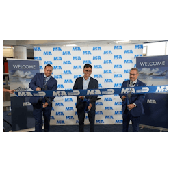 Ribbon-cutting ceremony. From left: Thomas McMahon, Director of Airport Operations, Alaska Airlines; David Asher, Senior Network Analyst, Alaska Airlines; and, Dan Agostino, Assistant Director of Operations, Miami-Dade Aviation Department