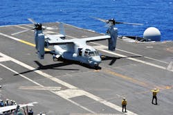 Aviation boatswain&apos;s mates chock and chain an MV-22B Osprey in an August 2014 file image.