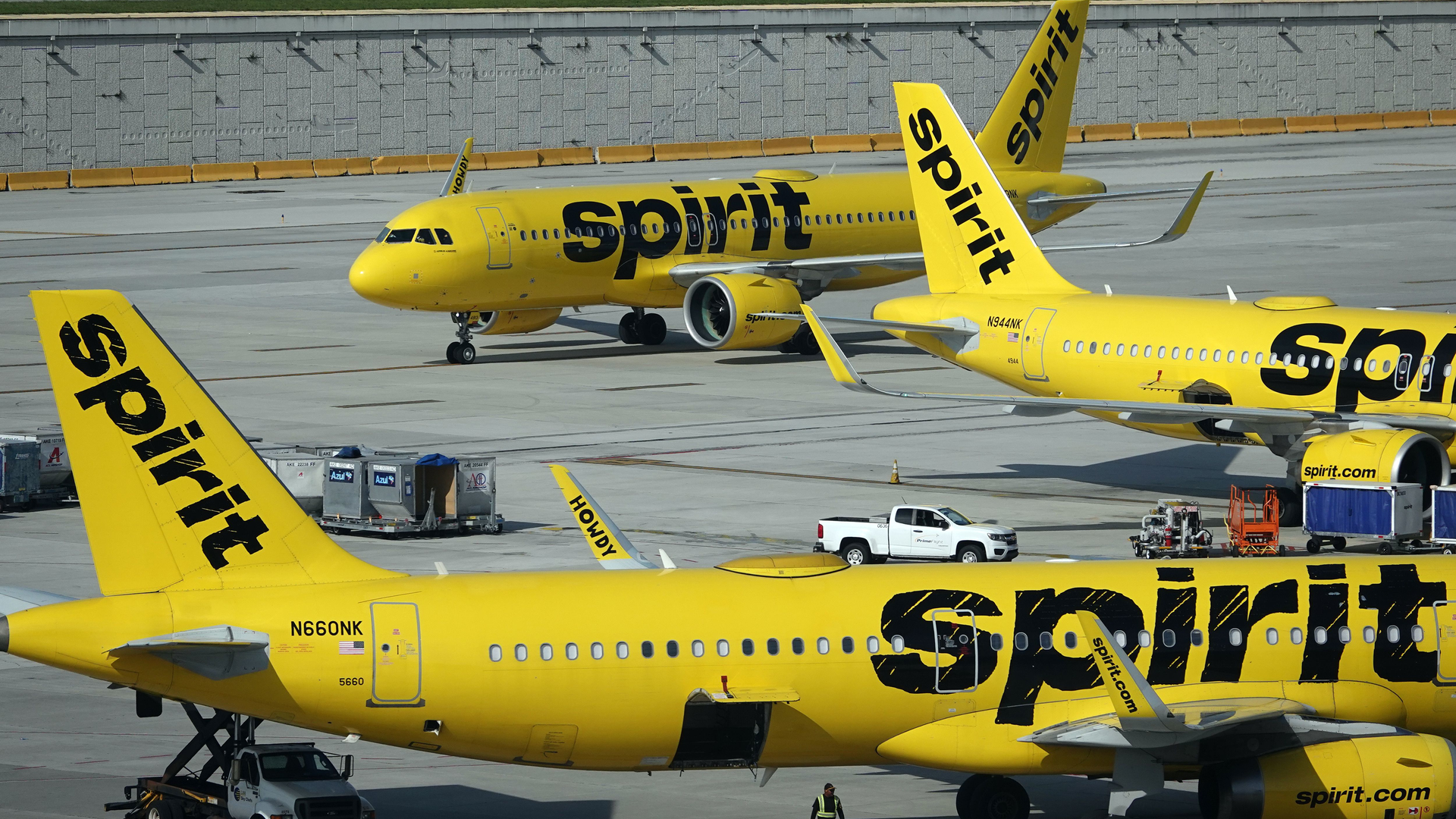 Spirit Airlines jetliners on the tarmac at Fort Lauderdale Hollywood International Airport on Monday, June 20, 2022.