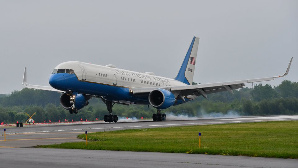 A U.S. Air Force C-32 lands at Syracuse Hancock International Airport on Wednesday, June 9, 2021, while performing training maneuvers.