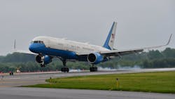 A U.S. Air Force C-32 lands at Syracuse Hancock International Airport on Wednesday, June 9, 2021, while performing training maneuvers. A U.S. Air Force C-32 lands at Syracuse Hancock International Airport on Wednesday, June 9, 2021, while performing training maneuvers.