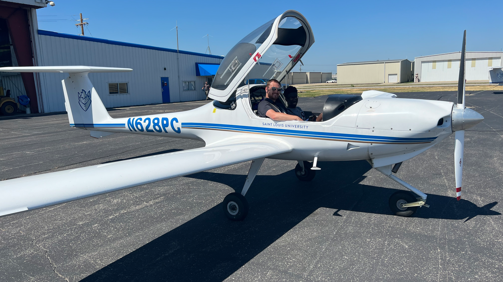 A certified flight Instructor from Saint Louis University&rsquo;s Oliver L. Parks Department of Aviation and camp participant prepare for a flight during the Aviation Summer Academy. Students had the opportunity to participate in short discovery flights over the downtown St. Louis area on June 28. Then the students went flying with experienced flight instructors from SLU on June 29 for longer, cross-country flights, during which they flew into a different airport and landed before returning to St. Louis Downtown Airport.