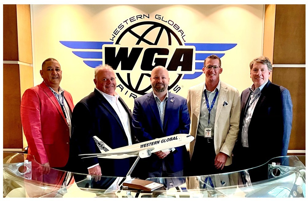 Western Global Airlines, one of the fastest growing cargo carriers in the world, has confirmed a five-year ULD agreement with ACL Airshop. Pictured, from left, are Miguel Diaz &ndash; ground operations manager at WGA; Bill Mulholland &ndash; general manager at ACL; Wes Tucker COO at ACL; Chad David &ndash; director planning and ground operations at WGA; and Ted Lytle &ndash; president and COO of WGA.