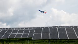 A Southwest plane takes off over 9,360 solar panels at Pittsburgh International Airport, part of a first-of-its-kind microgrid. A Southwest plane takes off over 9,360 solar panels at Pittsburgh International Airport, part of a first-of-its-kind microgrid.