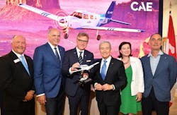 From left to right: Ron Gunnarson, Vice President of Sales, Marketing and Customer Support at Piper Aircraft; Pierre Fitzgibbon, Minister of Economy and Innovation of Quebec; Marc Parent, President and CEO of CAE; Hon. Francois-Philippe Champagne, Minister of Innovation, Science and Industry of Canada; Helene V. Gagnon, Chief Sustainability Officer and Senior Vice President, Stakeholder Engagement at CAE; and Gregory Blatt, H55 Co-Founder, Chief of Sales, Marketing and Business Development.
