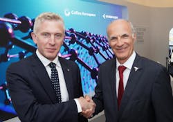 Ed Dryden, president of interiors for Collins and Luís Carlos Affonso, SVP of engineering for Embraer, in a joint announcement on CNT test results. Ed Dryden, president of interiors for Collins and Luís Carlos Affonso, SVP of engineering for Embraer, in a joint announcement on CNT test results.