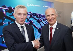 Ed Dryden, president of interiors for Collins and Luís Carlos Affonso, SVP of engineering for Embraer, in a joint announcement on CNT test results. Ed Dryden, president of interiors for Collins and Luís Carlos Affonso, SVP of engineering for Embraer, in a joint announcement on CNT test results.