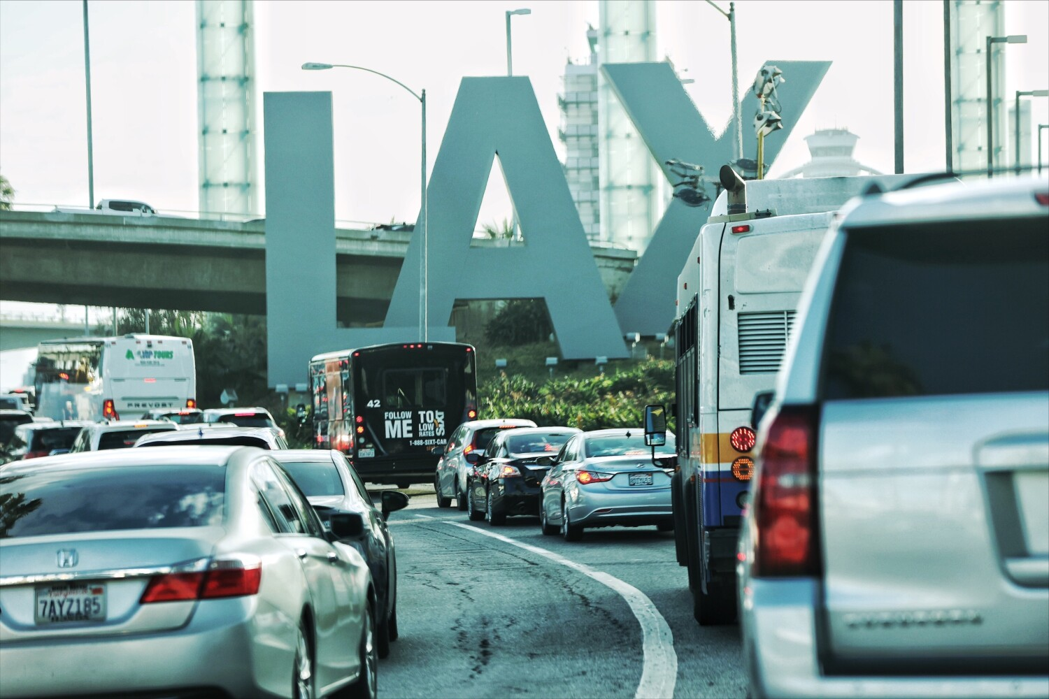 Los Angeles, CA - June 22: Traffic sits backed up on the road after a 'suspicious vehicle' led authorities to shut down the departures level of Los Angeles International Airport and divert traffic for more than an hour on Wednesday, June 22, 2022 in Los Angeles, CA.