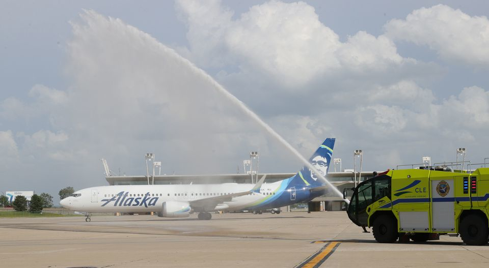 Cleveland Hopkins International Airport welcomes Alaska Airlines flight 216 with the honorary inaugural water spray, June 16, 2022. Alaska Airlines is offering daily nonstop service to Seattle which is one of Cleveland's top sought after markets serving both business and pleasure.