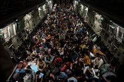 Afghan citizens rest in a U.S. Air Force C-17 Globemaster III after being evacuated from Hamid Karzai International Airport in Kabul, Afghanistan, Aug. 19, 2021. The U.S. Air Force conducted airlift operations to transport approximately 124,000 people from Kabul as part Operation Allies Refuge. The operation was one of the largest air evacuations of civilians in American history. Afghan citizens rest in a U.S. Air Force C-17 Globemaster III after being evacuated from Hamid Karzai International Airport in Kabul, Afghanistan, Aug. 19, 2021. The U.S. Air Force conducted airlift operations to transport approximately 124,000 people from Kabul as part Operation Allies Refuge. The operation was one of the largest air evacuations of civilians in American history.