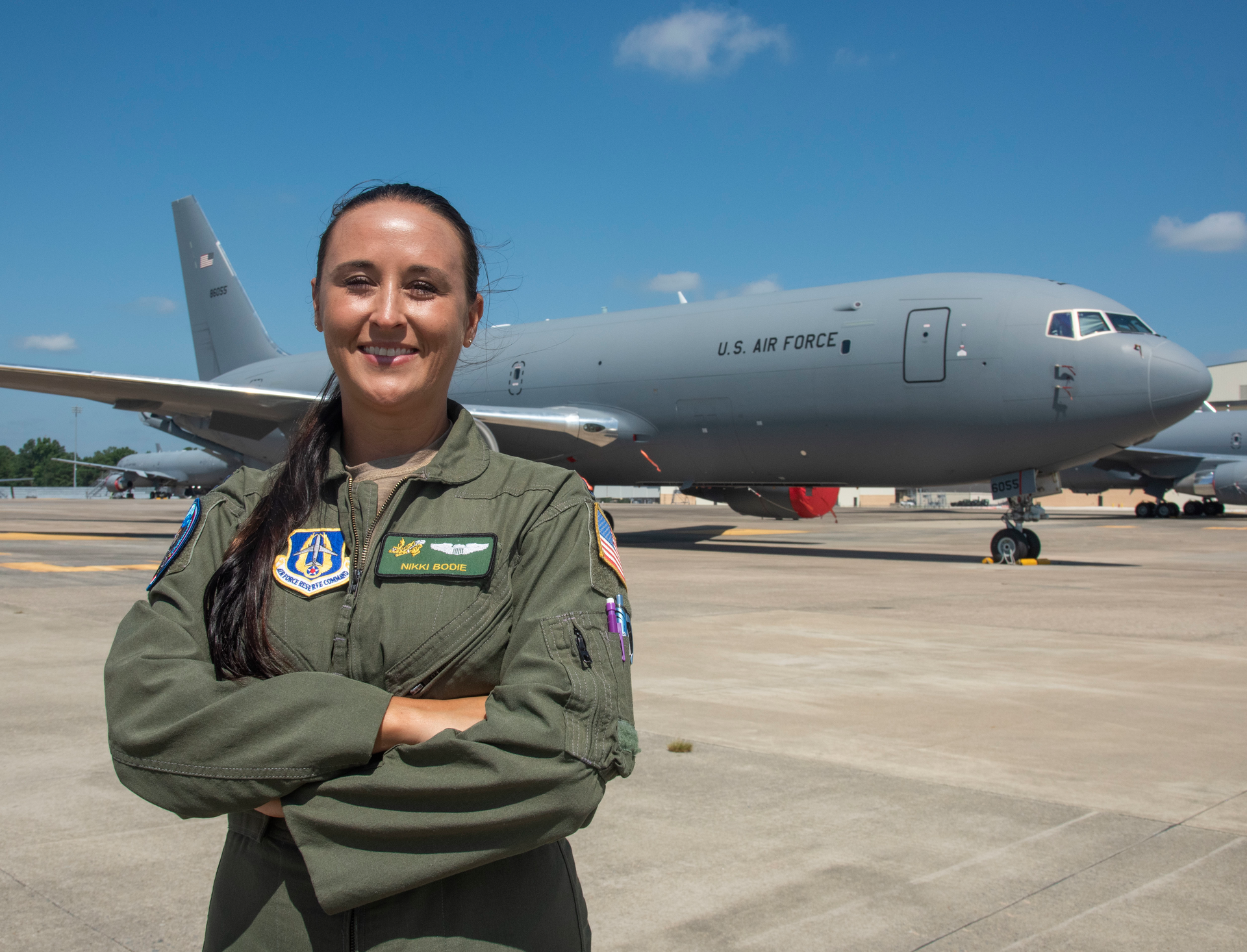 Capt. Kristin &ldquo;Bodie, 77th Air Refueling Squadron KC-46A Pegasus pilot, poses on the flightline at Seymour Johnson Air Force Base, N.C., July 20, 2022. Bodie is a reservist who flies the Airbus 320 as a first officer for American Airlines full time and spends countless hours pouring into others through a myriad of philanthropic outlets.